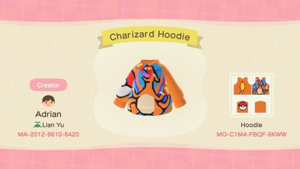 Animal Crossing Design Code: MO-C1M4-FBQF-6KWW Charizard Hoodie