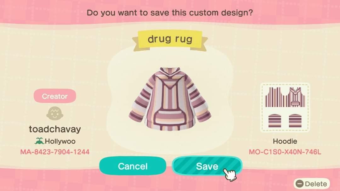 Animal Crossing Design Code: MO-C1S0-X40N-746L Drug rug