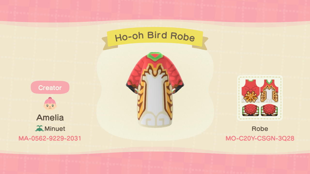 Animal Crossing Design Code: MO-C20Y-CSGN-3Q28 Ho-oh Bird Robe