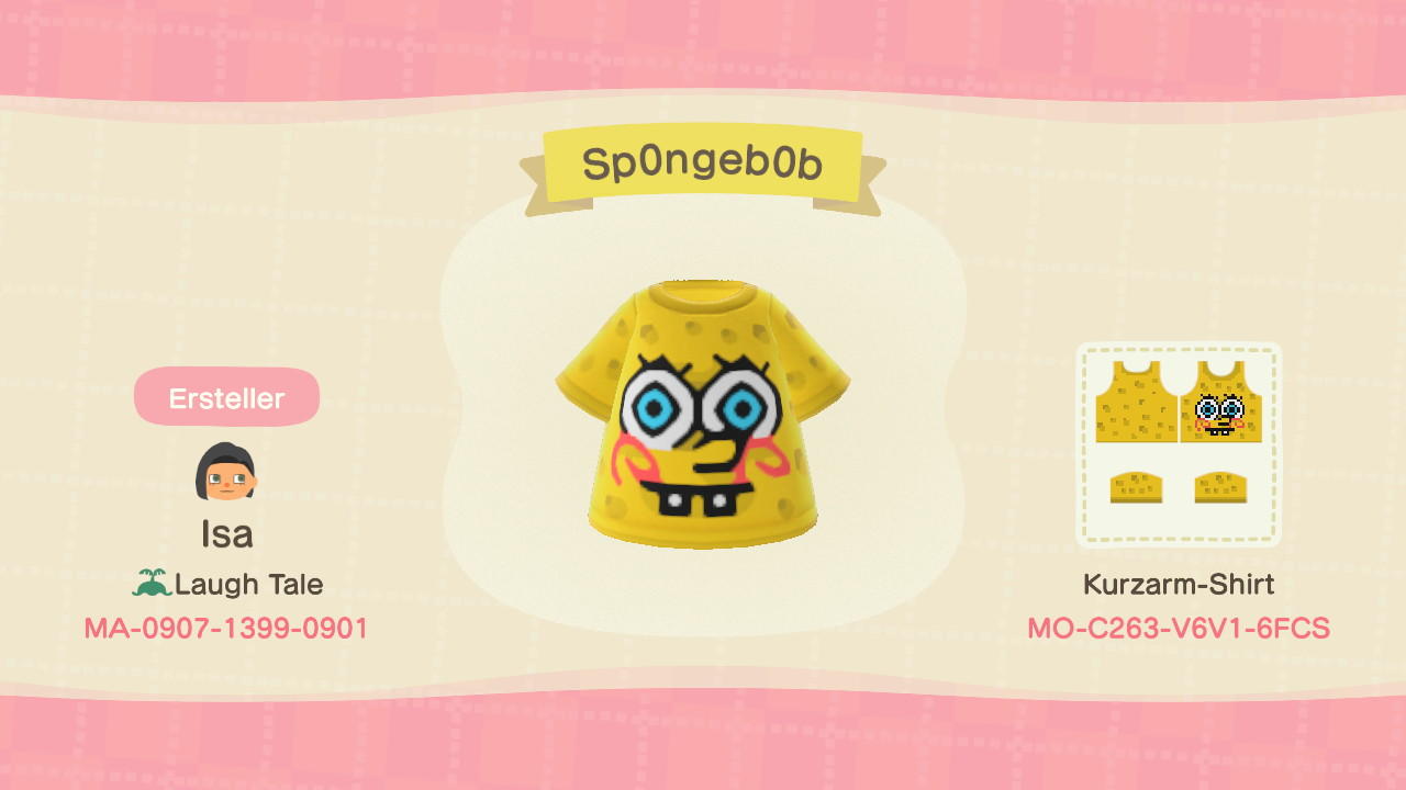 Animal Crossing Design Code: MO-C263-V6V1-6FCS Spongebob