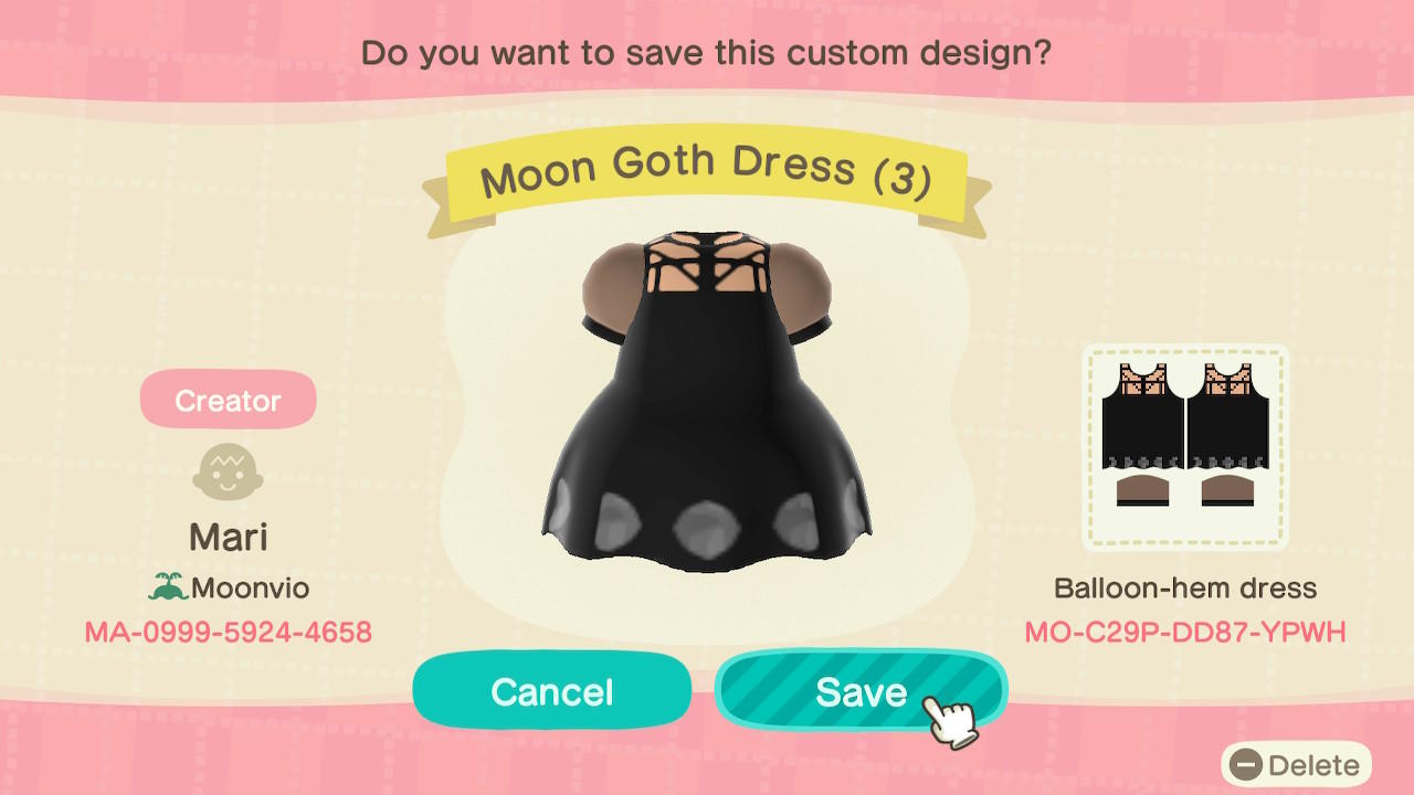 Animal Crossing Design Code: MO-C29P-DD87-YPWH Moon Goth Dress (3)