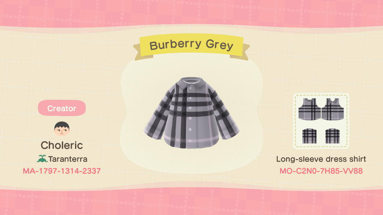 Animal Crossing Design Code: MO-C2N0-7H85-VV88 Burberry Grey