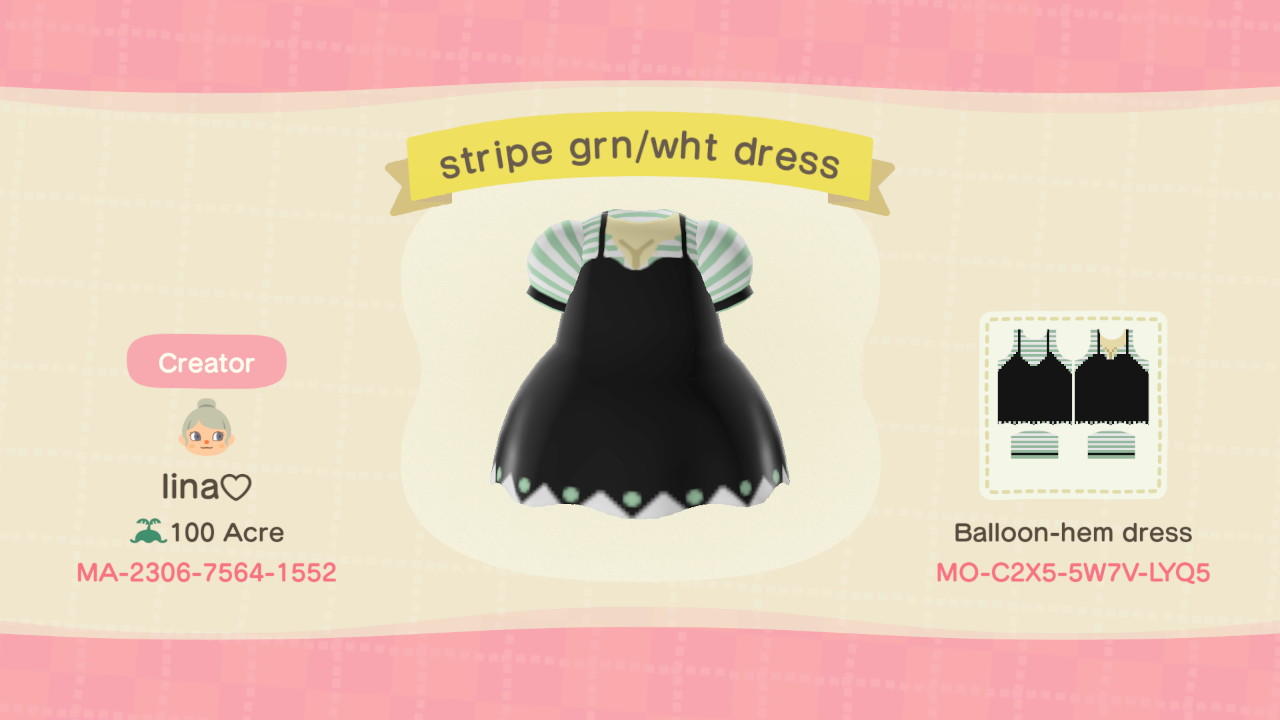 Animal Crossing Design Code: MO-C2X5-5W7V-LYQ5 stripe grn/wht dress