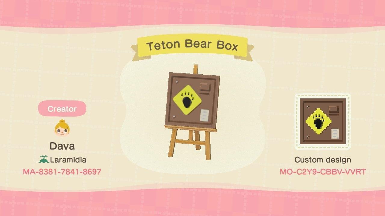 Animal Crossing Design Code: MO-C2Y9-CBBV-VVRT Teton Park Bear Box