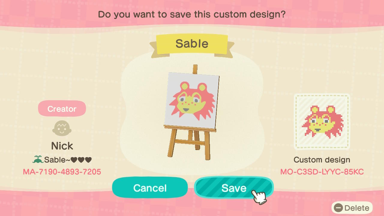 Animal Crossing Design Code: MO-C3SD-LYYC-85KC Sable