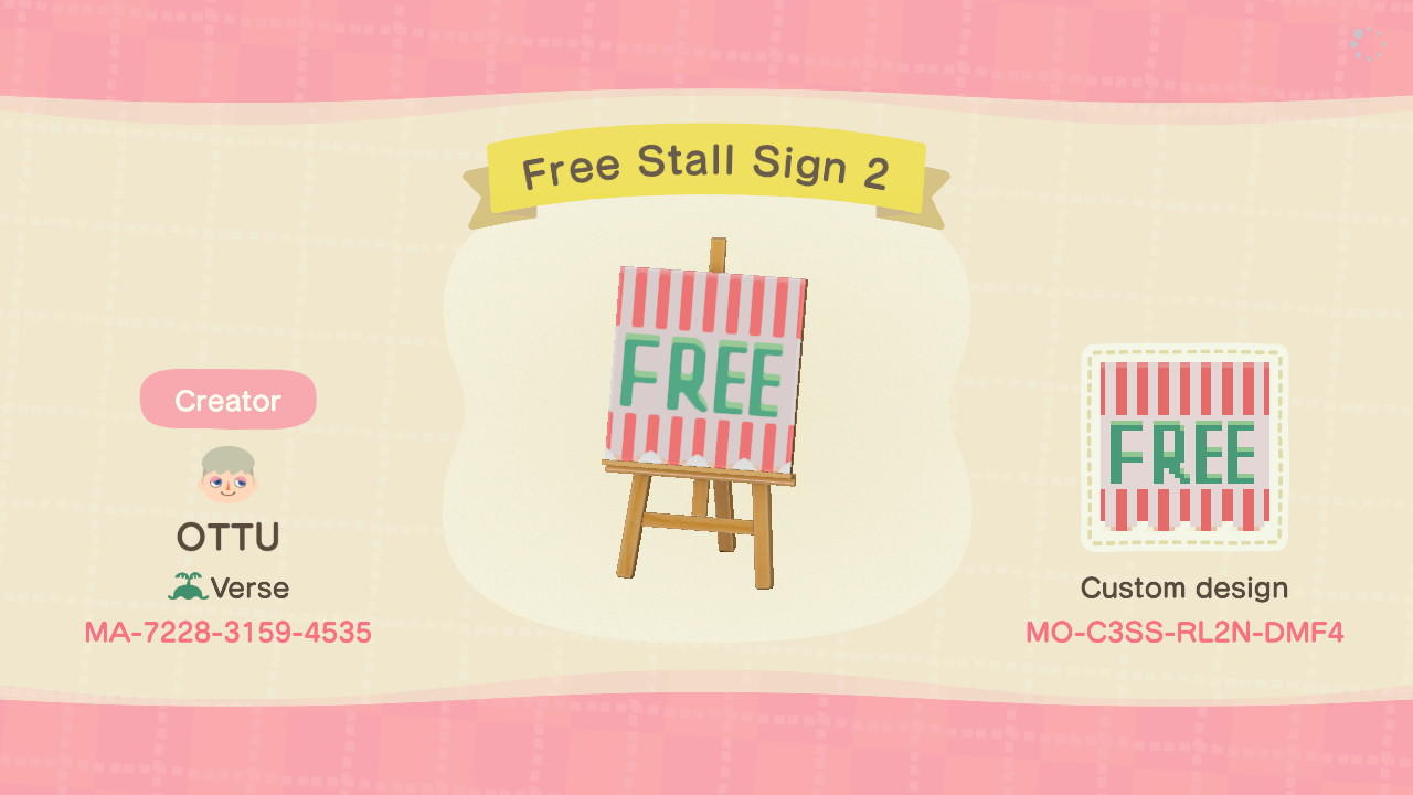 Animal Crossing Design Code: MO-C3SS-RL2N-DMF4 Free Stall Sign 2