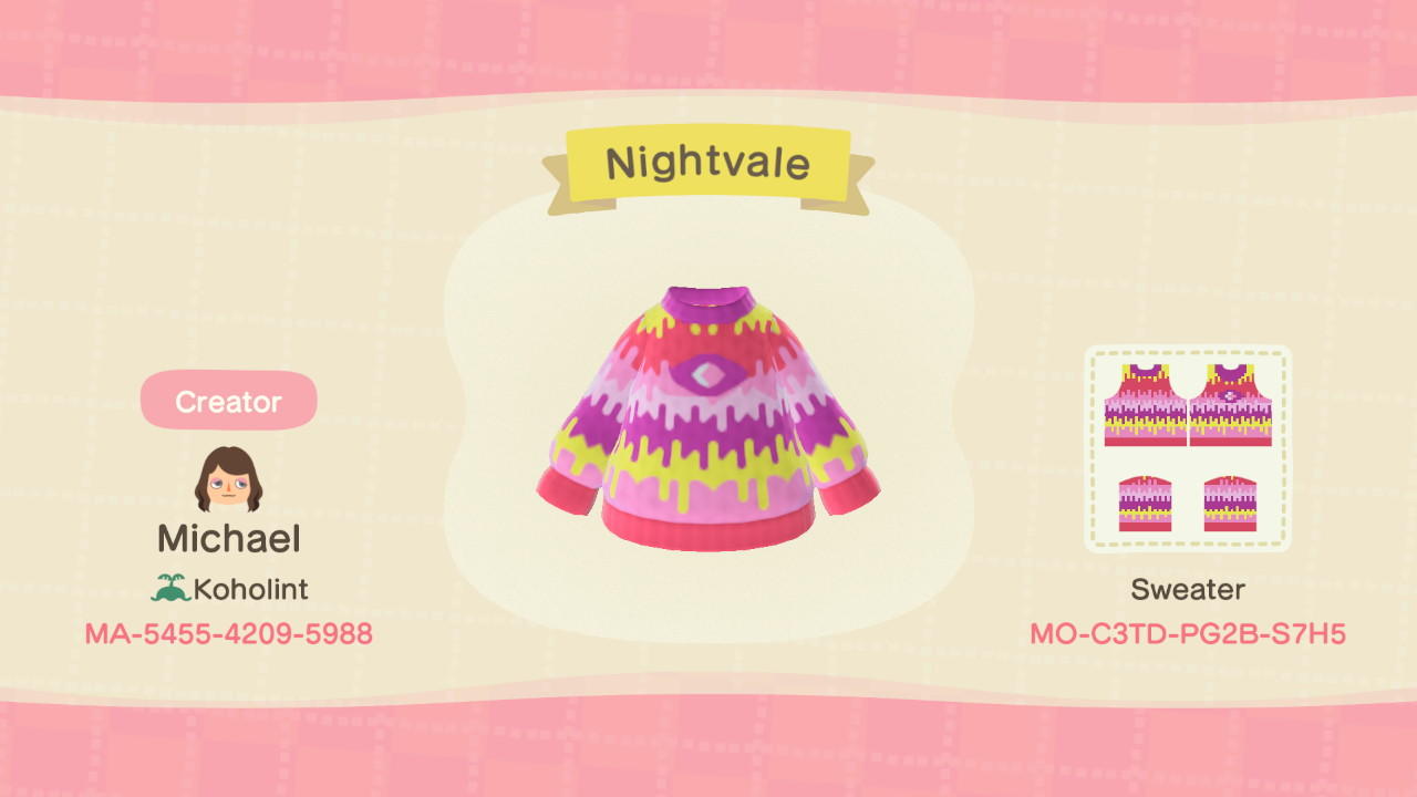 Animal Crossing Design Code: MO-C3TD-PG2B-S7H5 Nightvale Sweater