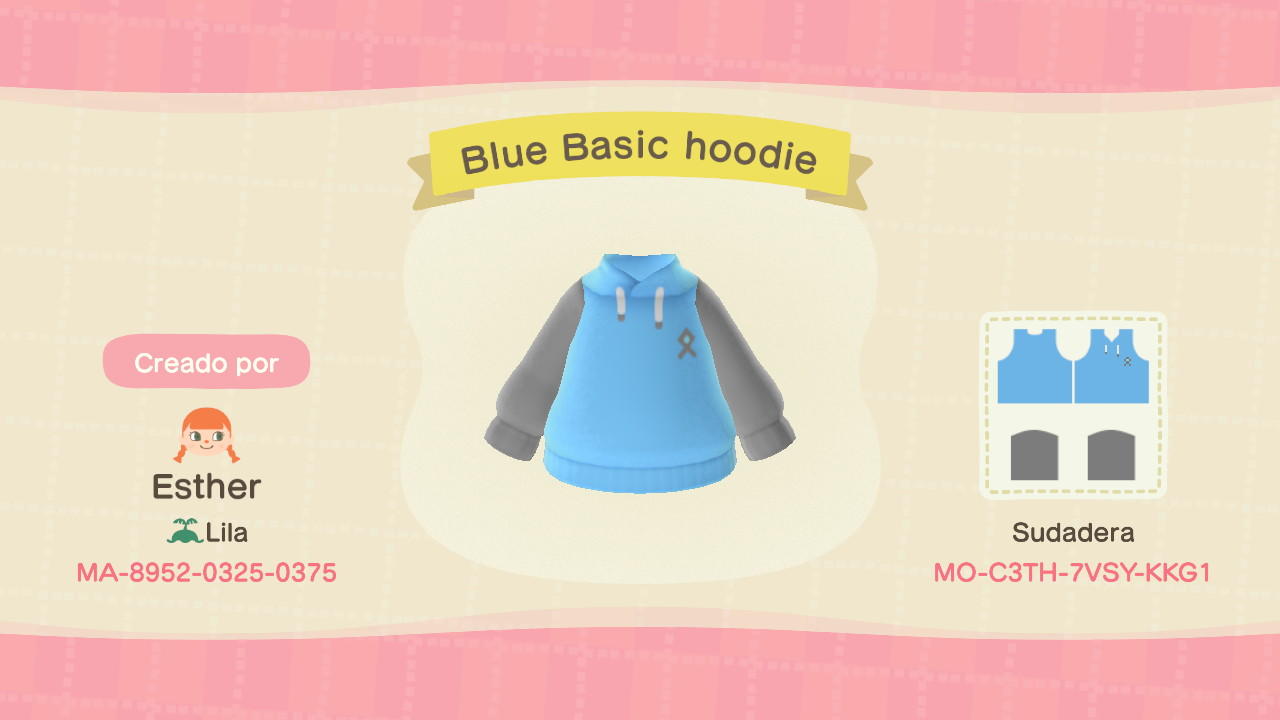 Animal Crossing Design Code: MO-C3TH-7VSY-KKG1 Blue Basic Hoodie