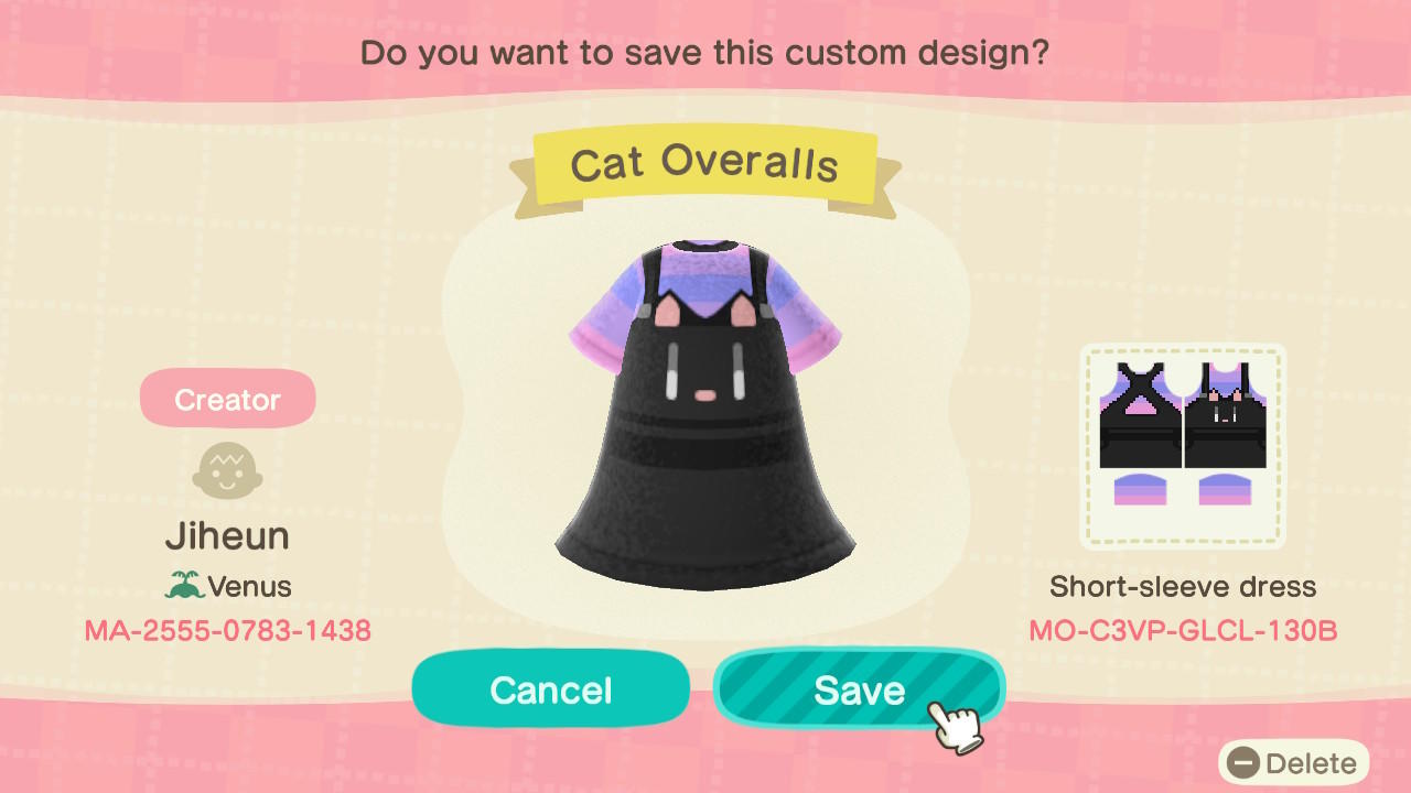 Animal Crossing Design Code: MO-C3VP-GLCL-130B Cat Overalls