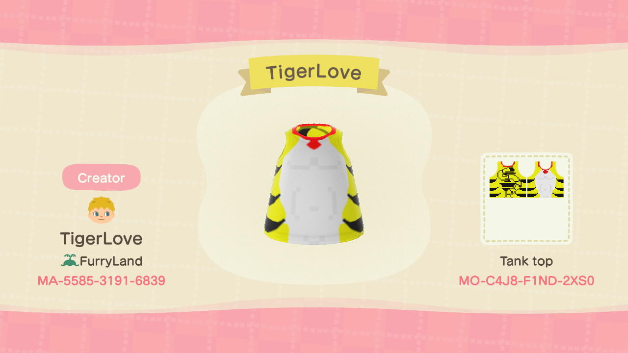Animal Crossing Design Code: MO-C4J8-F1ND-2XS0 Tiger Love Furry Cub