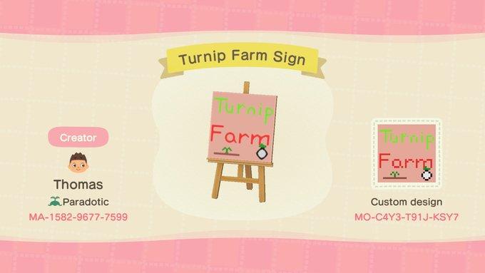Animal Crossing Design Code: MO-C4Y3-T91J-KSY7 Turnip Farm Sign