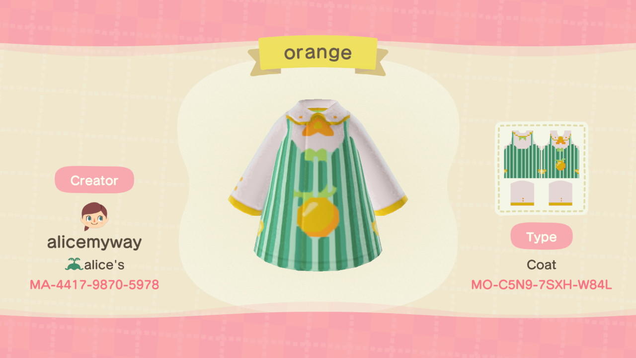 Animal Crossing Design Code: MO-C5N9-7SXH-W84L Orange cooking apron