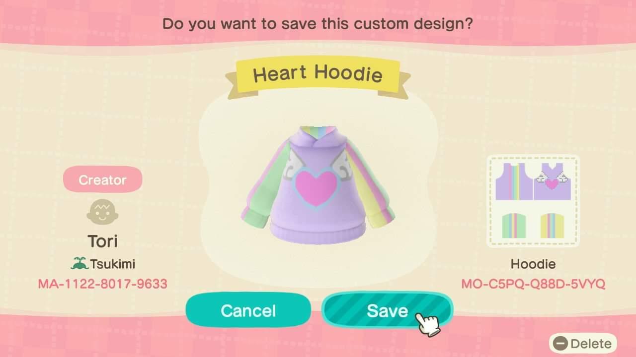 Animal Crossing Design Code: MO-C5PQ-Q88D-5VYQ Heart Hoodie