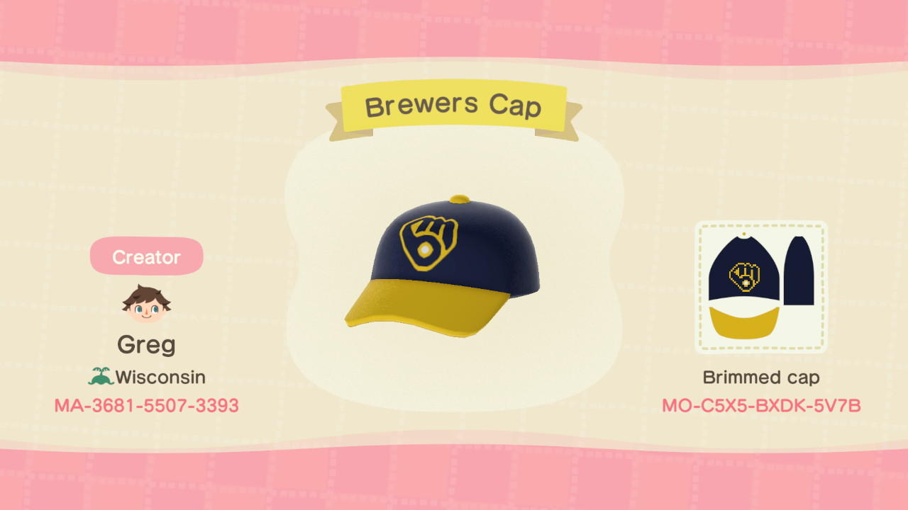 Animal Crossing Design Code: MO-C5X5-BXDK-5V7B Brewers Cap