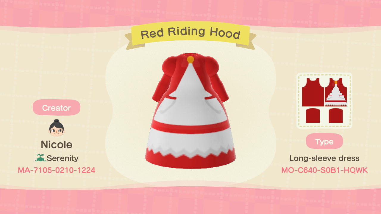Animal Crossing Design Code: MO-C640-S0B1-HQWK Red Riding Hood