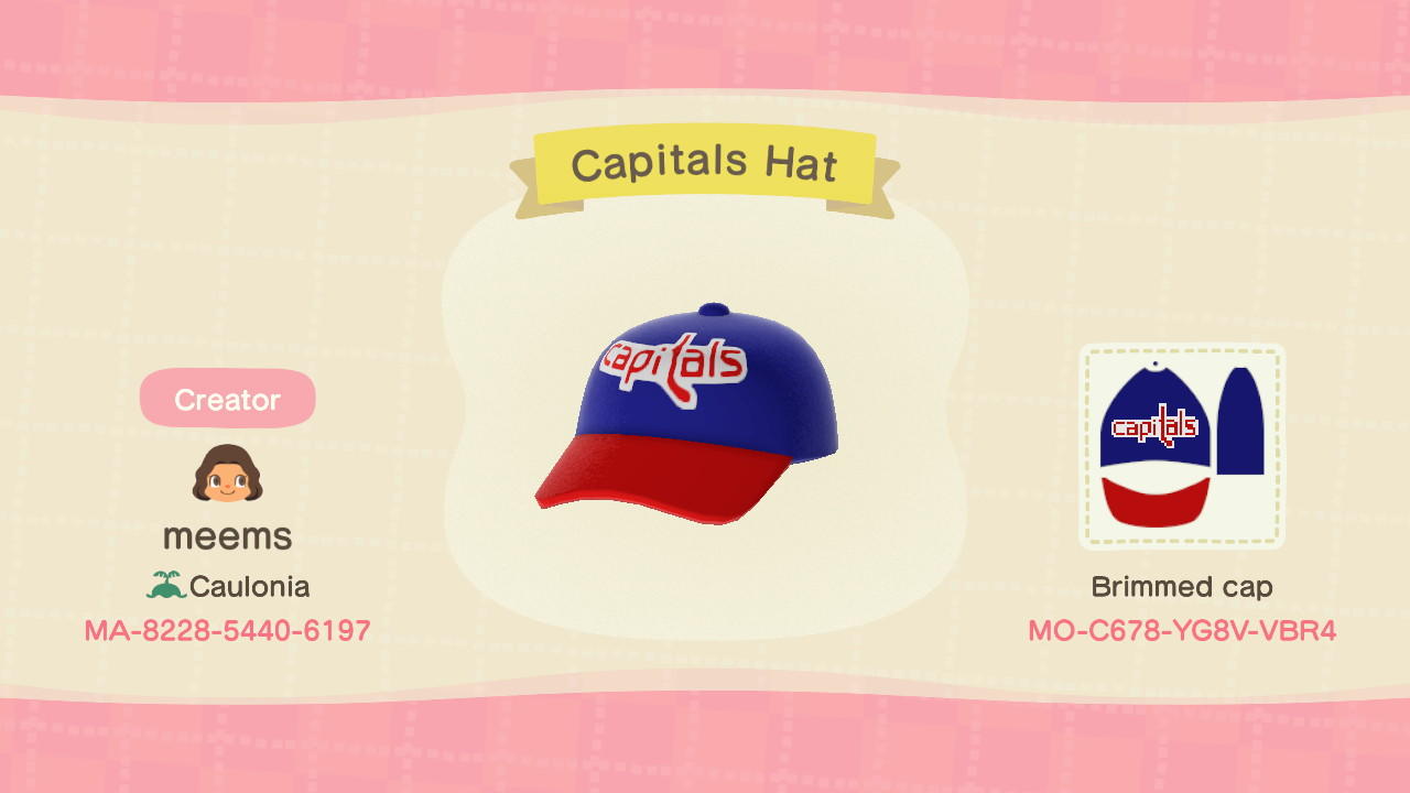 Animal Crossing Design Code: MO-C678-YG8V-VBR4 Capitals Hat
