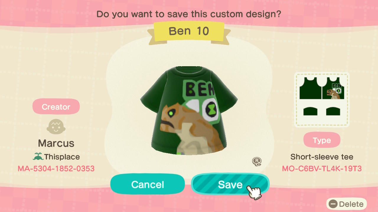 Animal Crossing Design Code: MO-C6BV-TL4K-19T3 Ben 10 Humungousaur