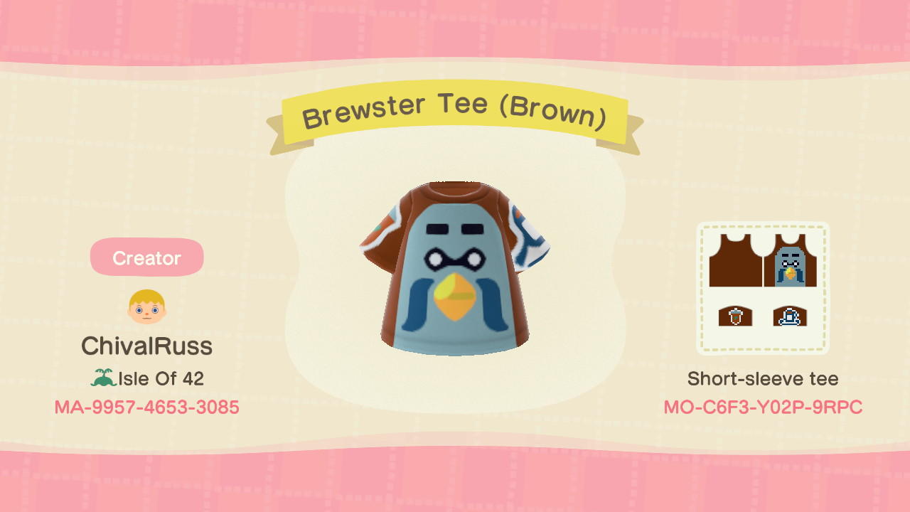 Animal Crossing Design Code: MO-C6F3-Y02P-9RPC Brewster Tee (Brown)