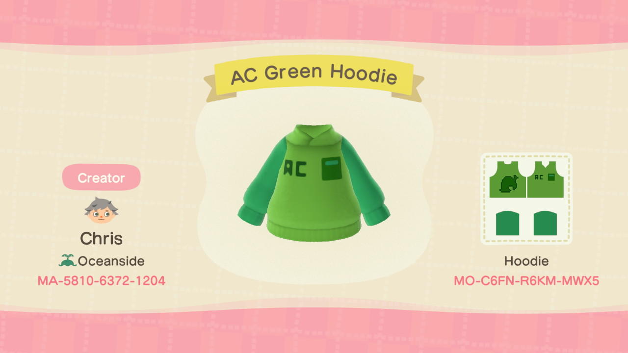 Animal Crossing Design Code: MO-C6FN-R6KM-MWX5 AC Green Hoodie
