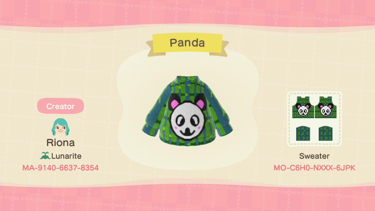 Animal Crossing Design Code: MO-C6H0-NXXX-6JPK Panda Sweater