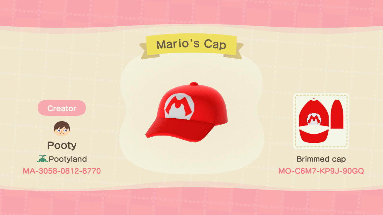 Animal Crossing Design Code: MO-C6M7-KP9J-90GQ Mario&#39;s Cap