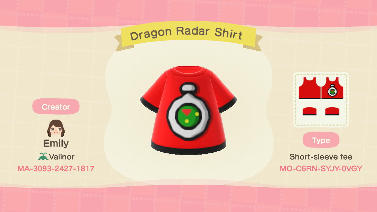 Animal Crossing Design Code: MO-C6RN-SYJY-0VGY Dragon Radar Shirt