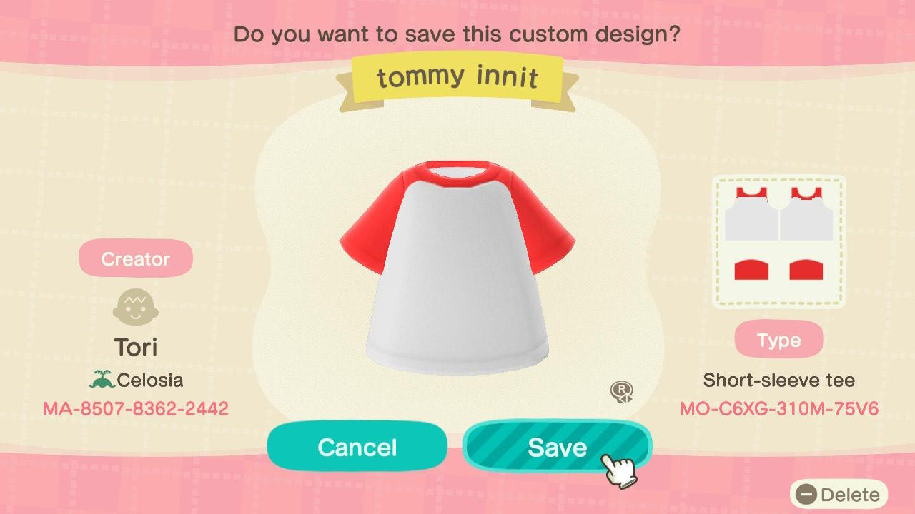 Animal Crossing Design Code: MO-C6XG-310M-75V6 tommy innit shirt
