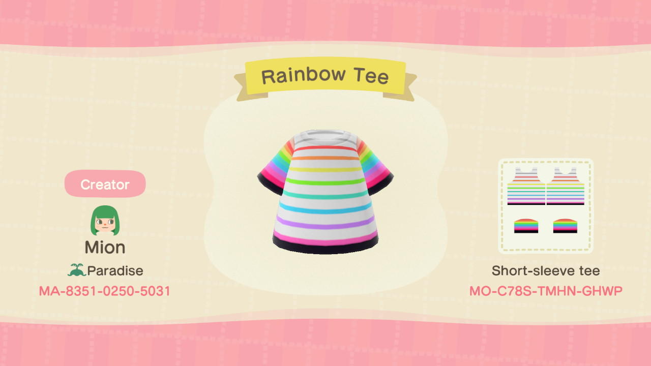 Animal Crossing Design Code: MO-C78S-TMNH-GHWP Rainbow Tee