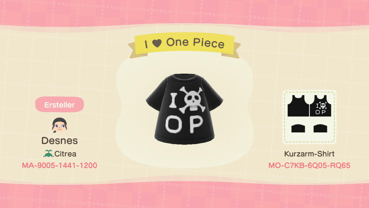 Animal Crossing Design Code: MO-C7KB-6Q05-RQ65 I love One Piece