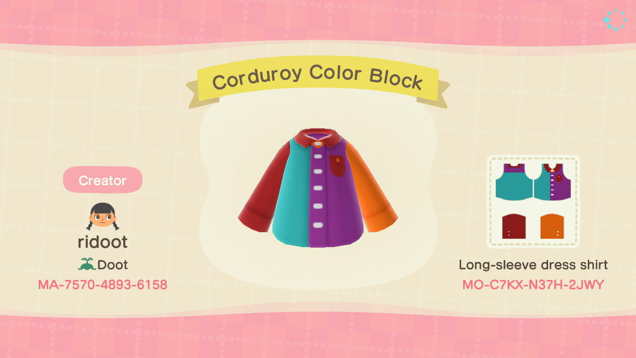 Animal Crossing Design Code: MO-C7KX-N37H-2JWY Corduroy Color Block