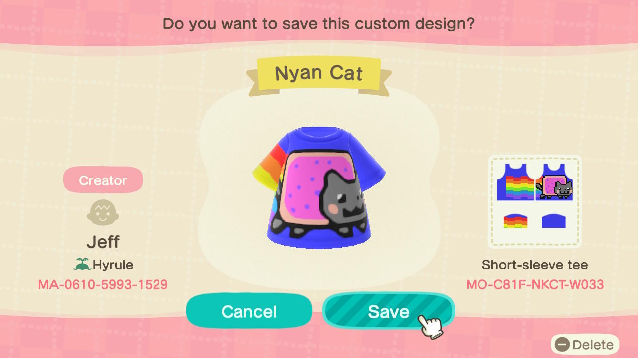 Animal Crossing Design Code: MO-C81F-NKCT-W033 Nyan Cat