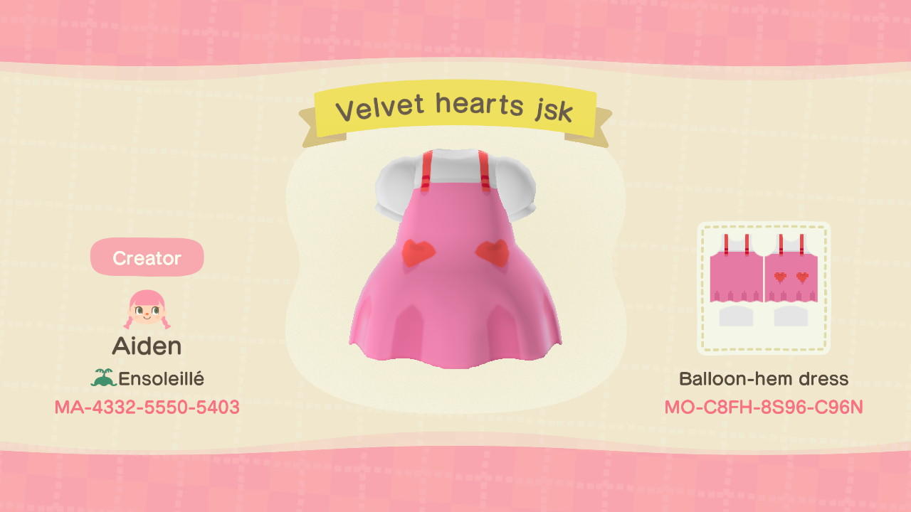 Animal Crossing Design Code: MO-C8FH-8S96-C96N Velvet Hearts JSK