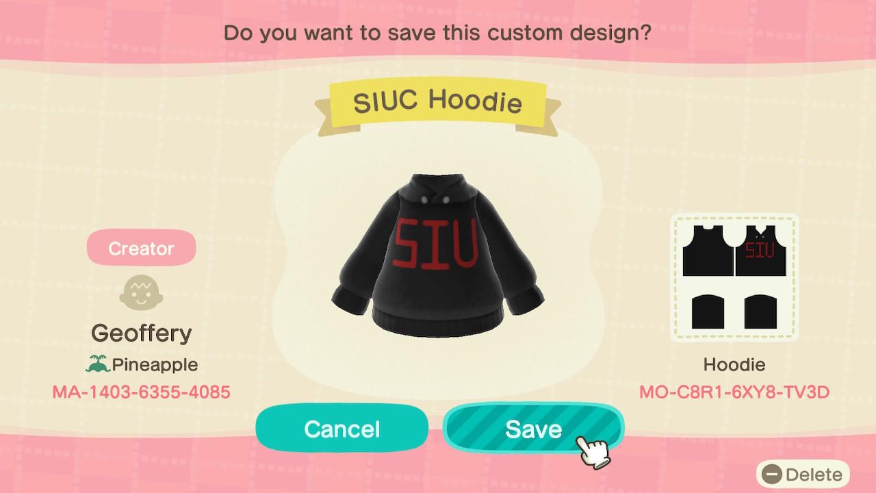 Animal Crossing Design Code: MO-C8R1-6XY8-TV3D SIUC Hoodie