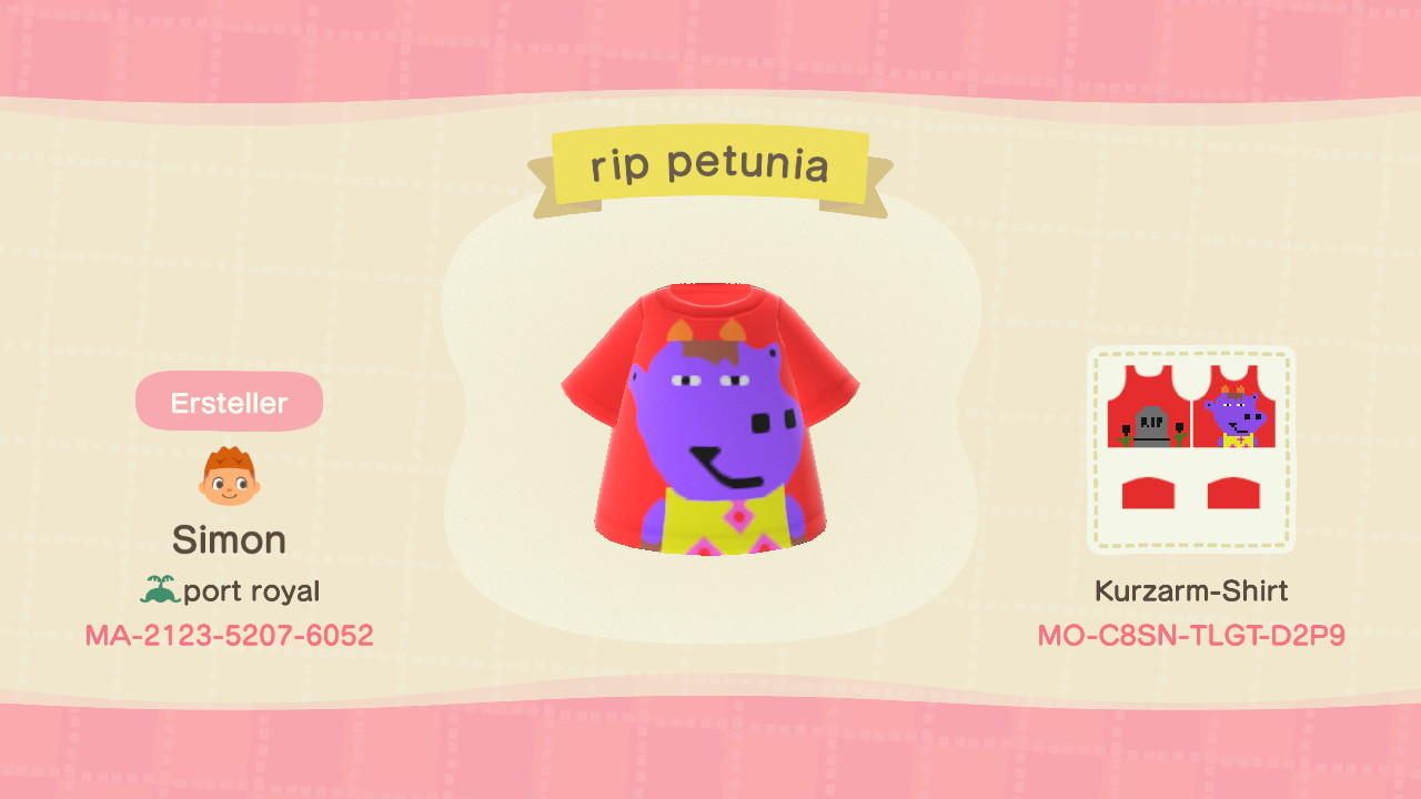 Animal Crossing Design Code: MO-C8SN-TLGT-D2P9 rip petunia