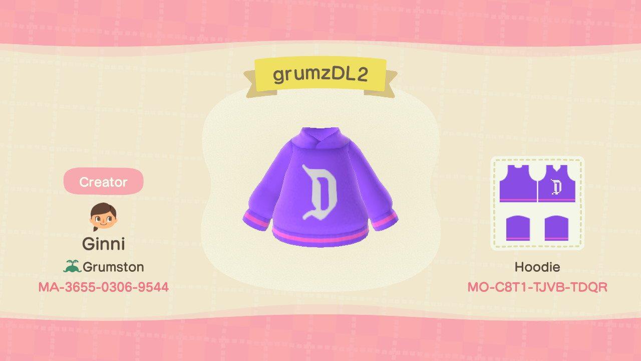 Animal Crossing Design Code: MO-C8T1-TJVB-TDQR DL Purple Hoodie
