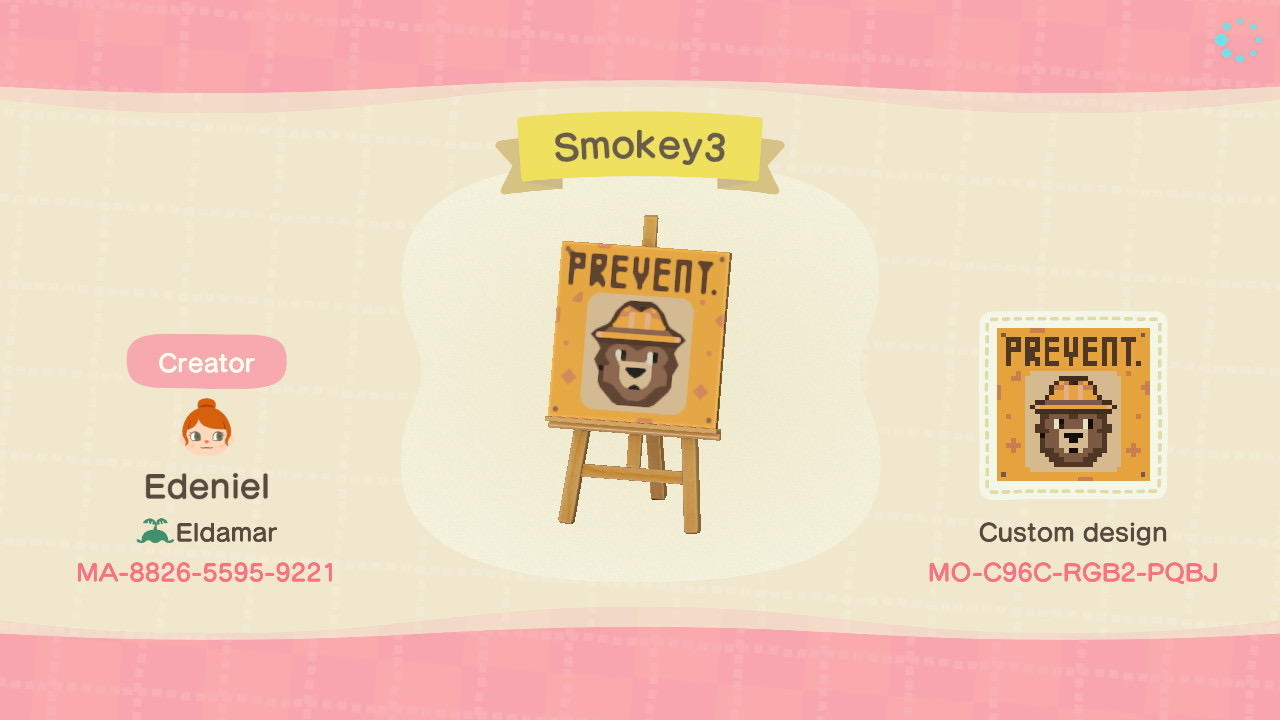 Animal Crossing Design Code: MO-C96C-RGB2-PQBJ Smokey Bear