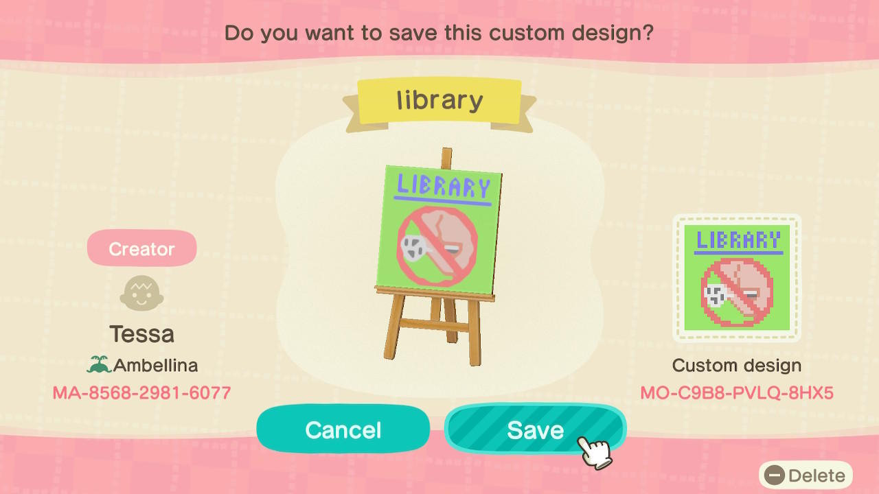 Animal Crossing Design Code: MO-C9B8-PVLQ-8HX5 Library no talking