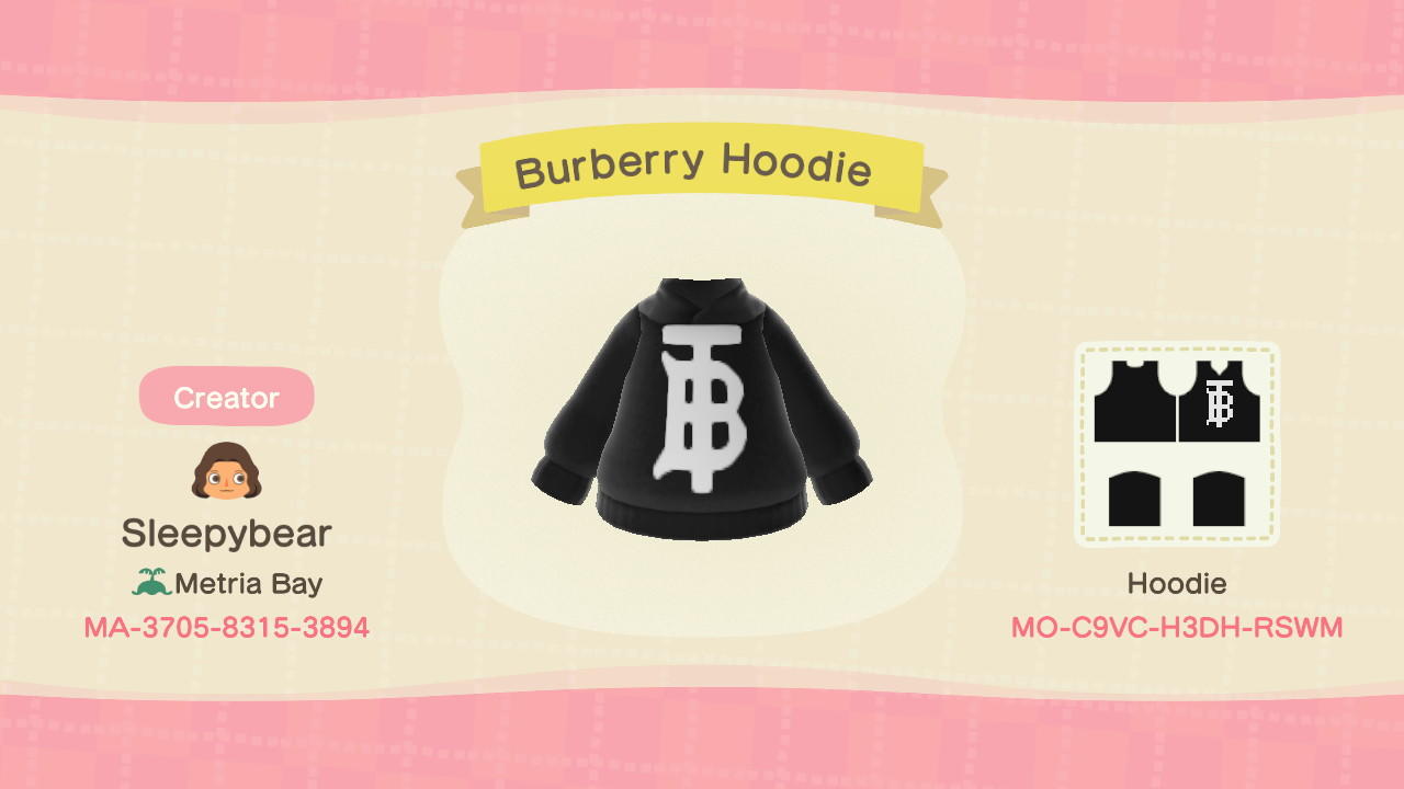 Animal Crossing Design Code: MO-C9VC-H3DH-RSWM Burberry Hoodie