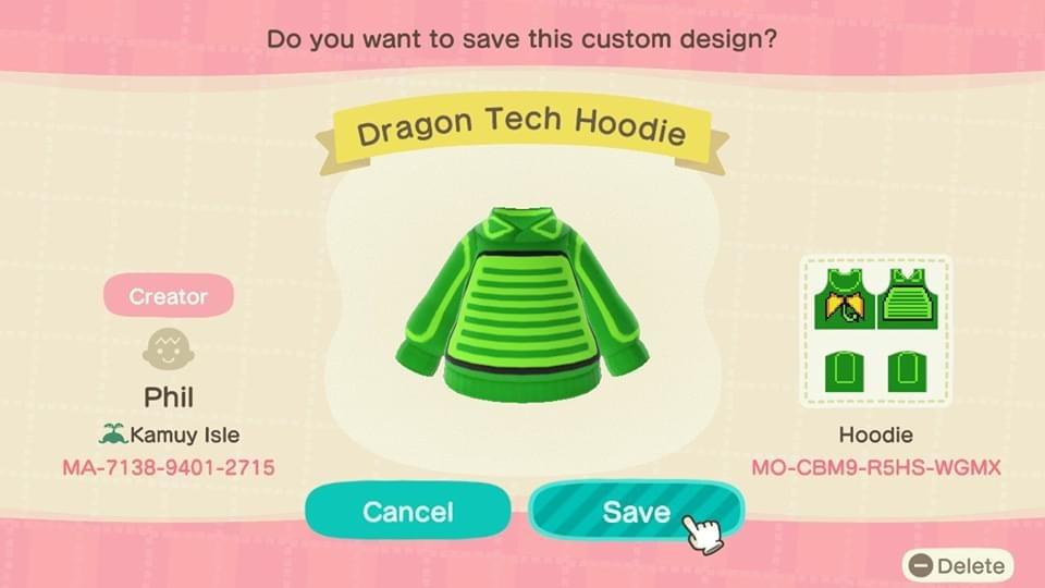 Animal Crossing Design Code: MO-CBM9-R5HS-WGMX Dragon Tech Hoodie