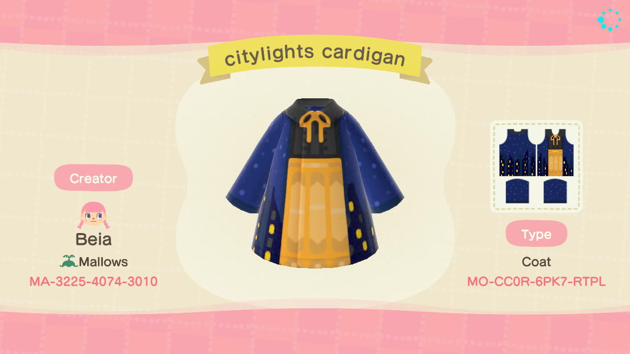 Animal Crossing Design Code: MO-CC0R-6PK7-RTPL Citylights Cardigan
