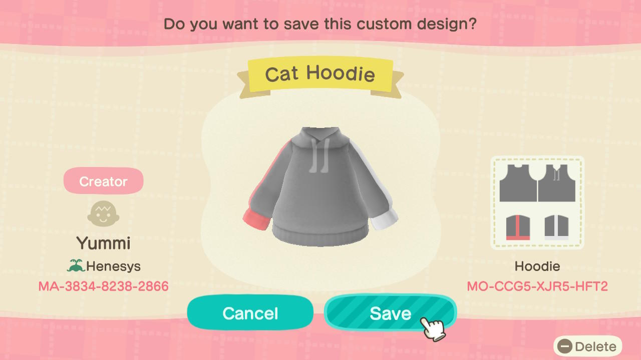 Animal Crossing Design Code: MO-CCG5-XJR5-HFT2 Cat Hoodie