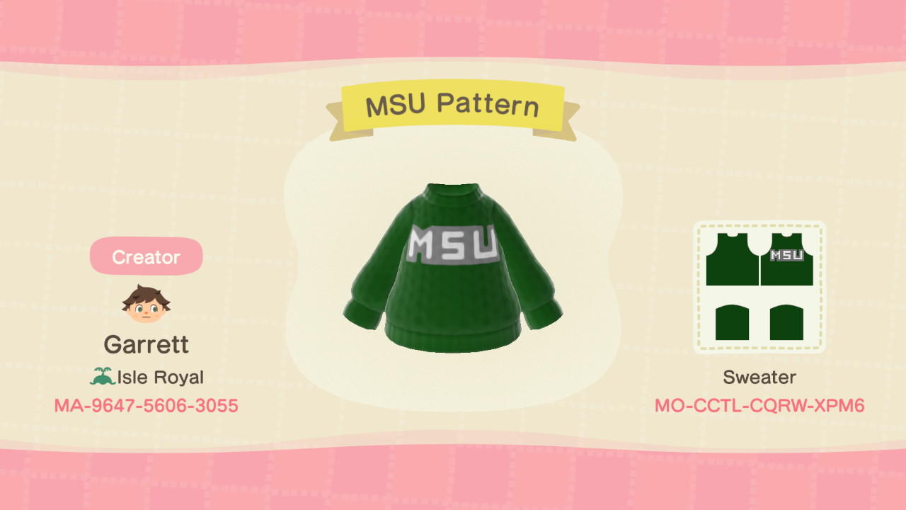 Animal Crossing Design Code: MO-CCTL-CQRW-XPM6 MSU Sweater