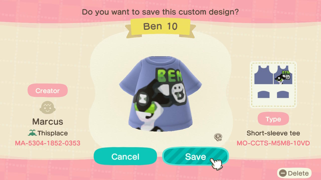 Animal Crossing Design Code: MO-CCTS-M5M8-10VD Ben 10 Ditto