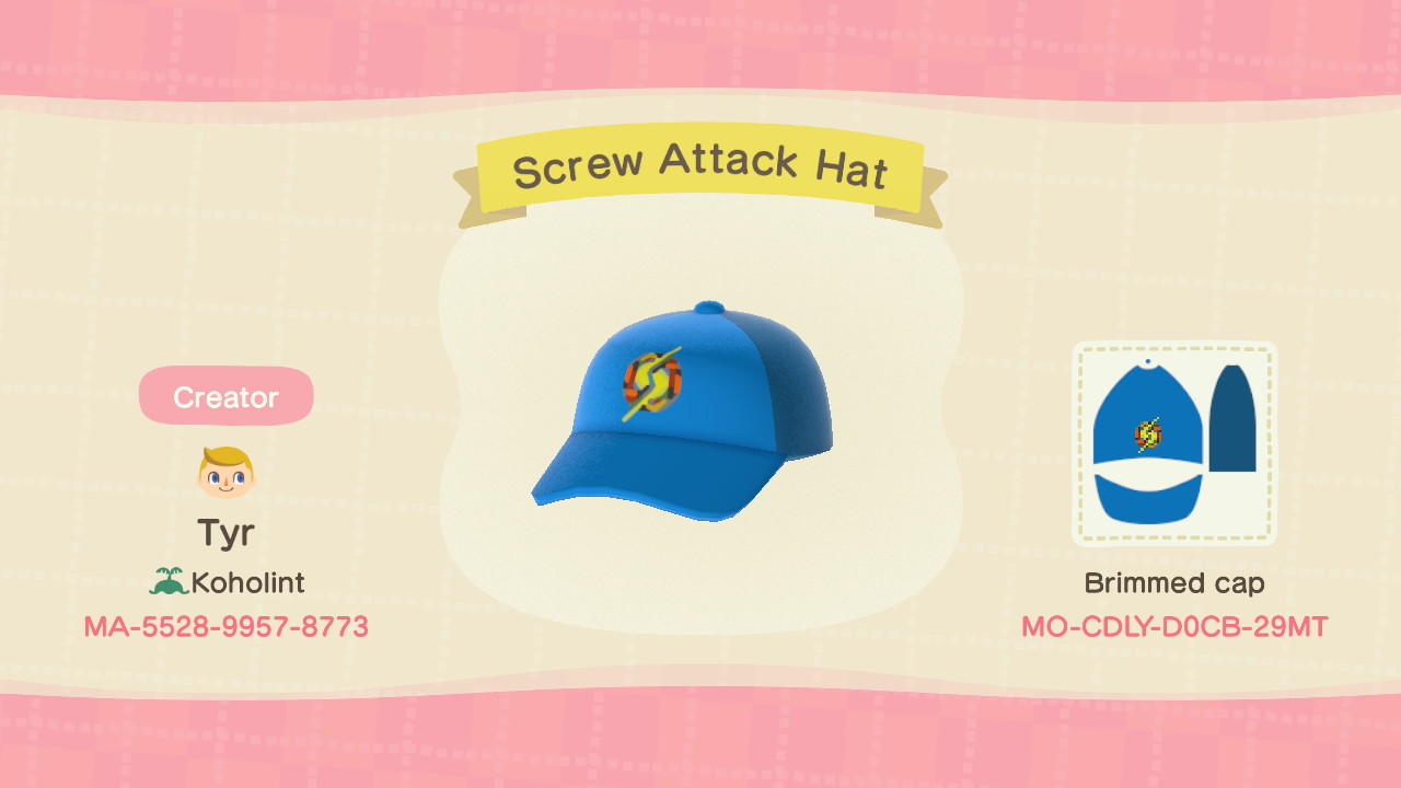 Animal Crossing Design Code: MO-CDLY-D0CB-29MT Screw Attack Hat