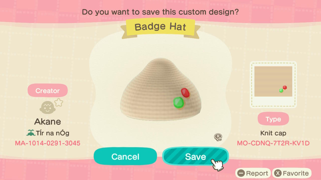 Animal Crossing Design Code: MO-CDNQ-7T2R-KV1D Badge Hat