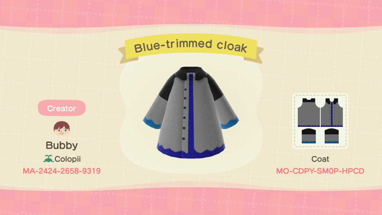 Animal Crossing Design Code: MO-CDPY-SM0P-HPCD Blue-trimmed cloak