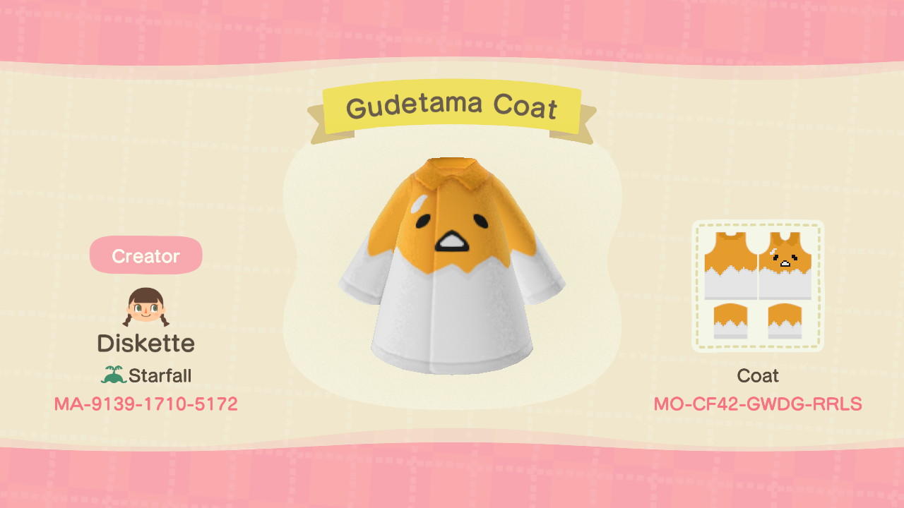 Animal Crossing Design Code: MO-CF42-GWDG-RRLS Gudetama Coat