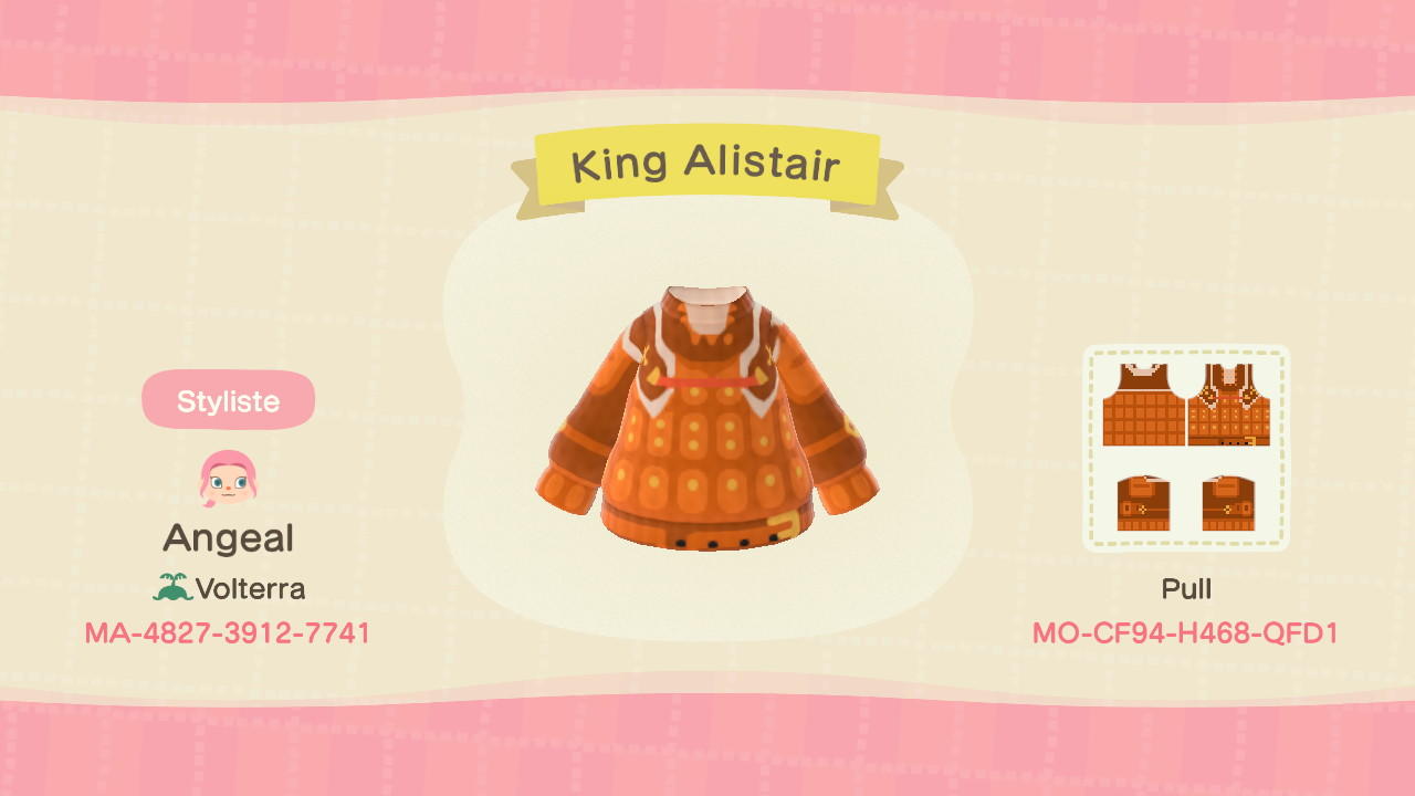 Animal Crossing Design Code: MO-CF94-H468-QFDI King Alistair