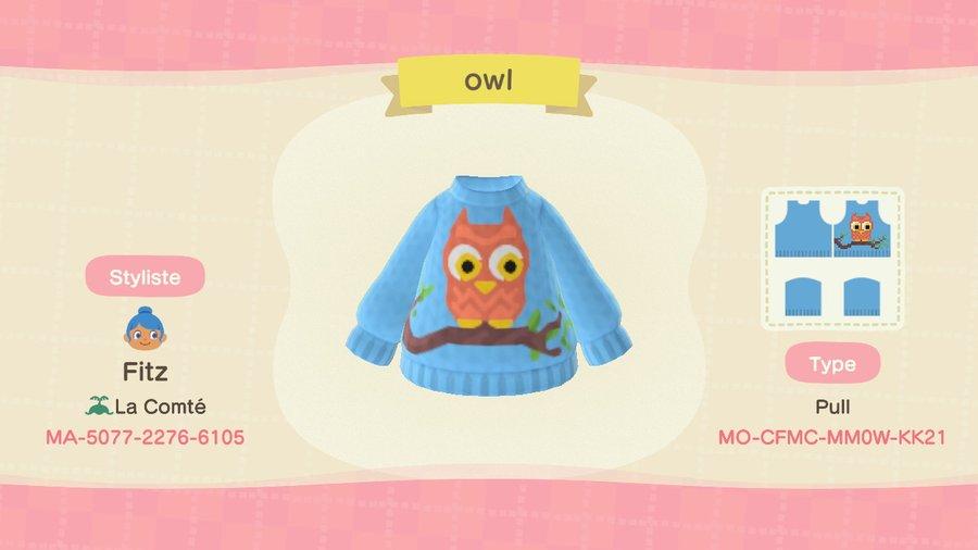 Animal Crossing Design Code: MO-CFMC-MM0W-KK21 Owl sweater