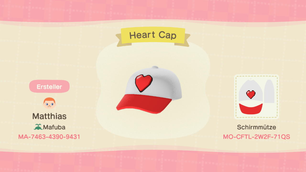 Animal Crossing Design Code: MO-CFTL-2W2F-71QS Heart Cap